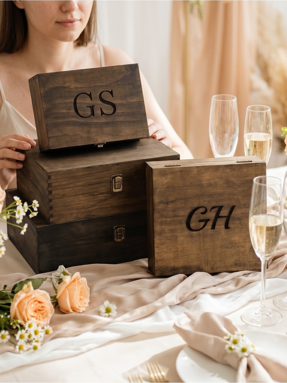 Personalized Wooden Keepsake Box Set in Rustic Brown